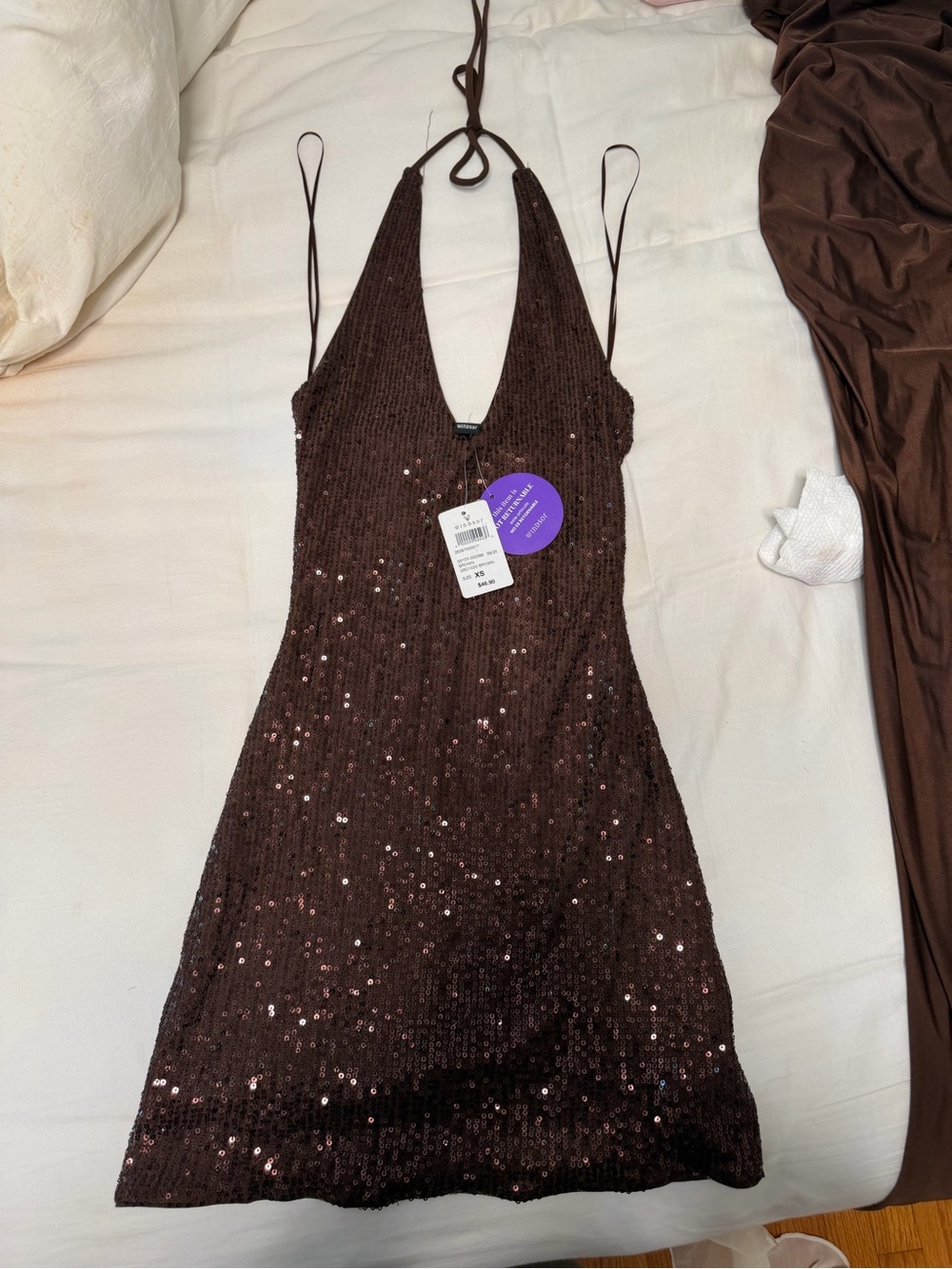 Windsor Chocolate Brown Sequin Strapless Halter Mini Dress